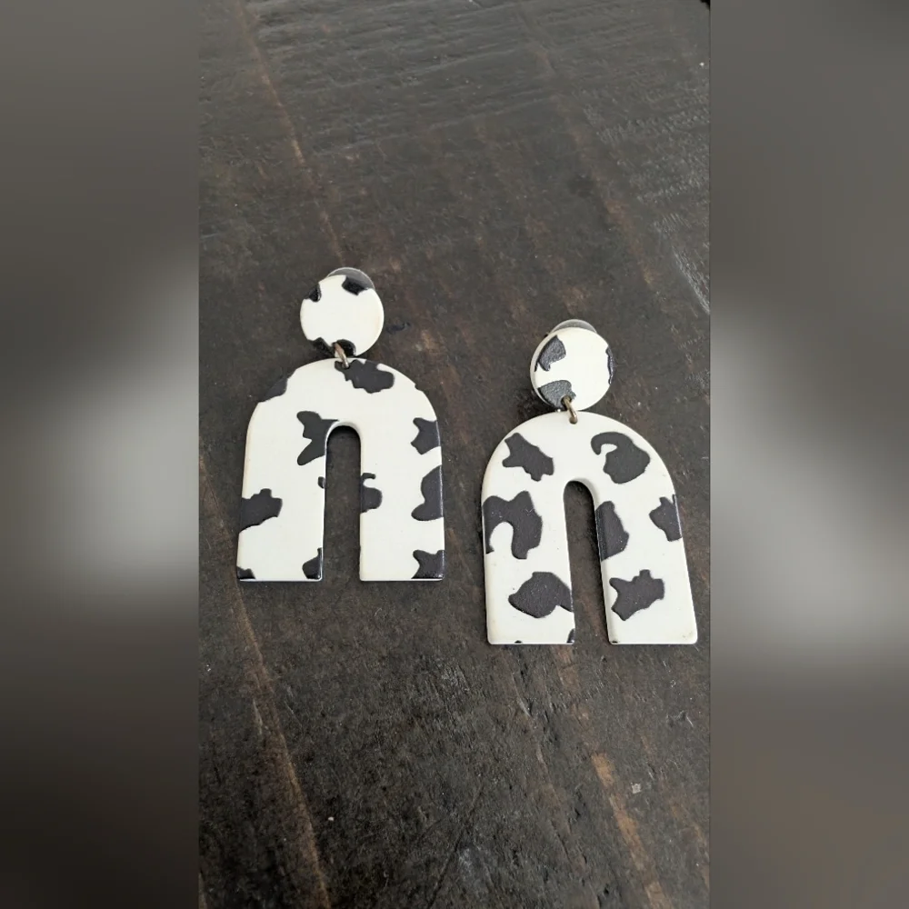 Western Cow Print Black and White Arch Earrings